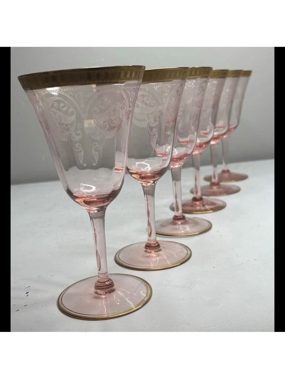 Cambridge Crystal Etch 704 Gold Encrusted Pink Wine Glass set of 6